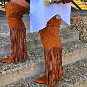 Thigh high fringe cowboy boots